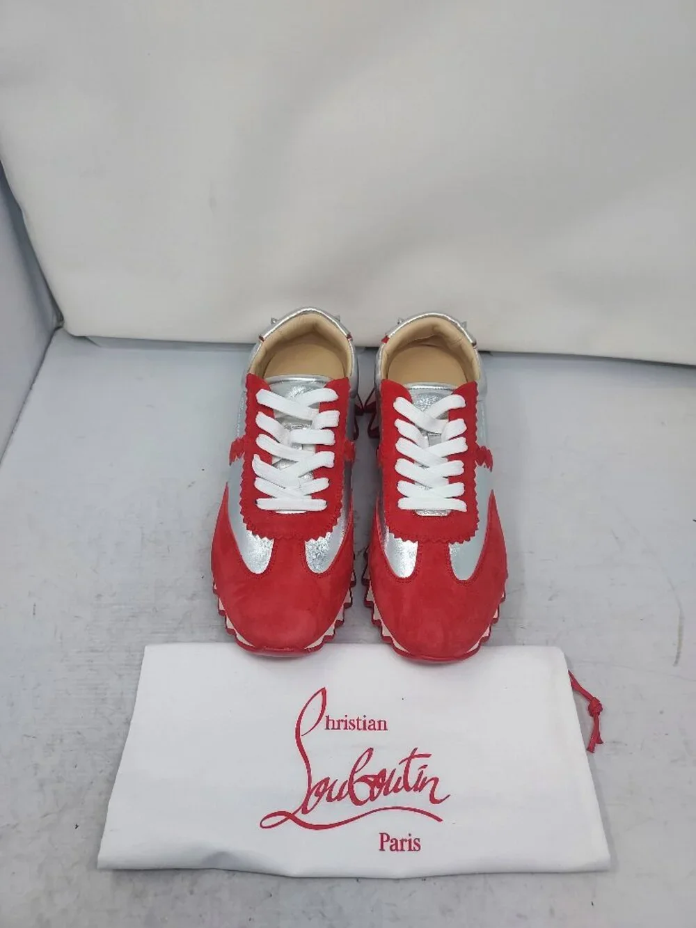 CHRISTIAN LOUBOUTIN MENS  Loubishark Red Silver Low Top Sneaker